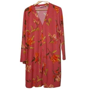 Susan Graver Liquid Knit Long Cardigan Button Front Floral Work Casual Boho